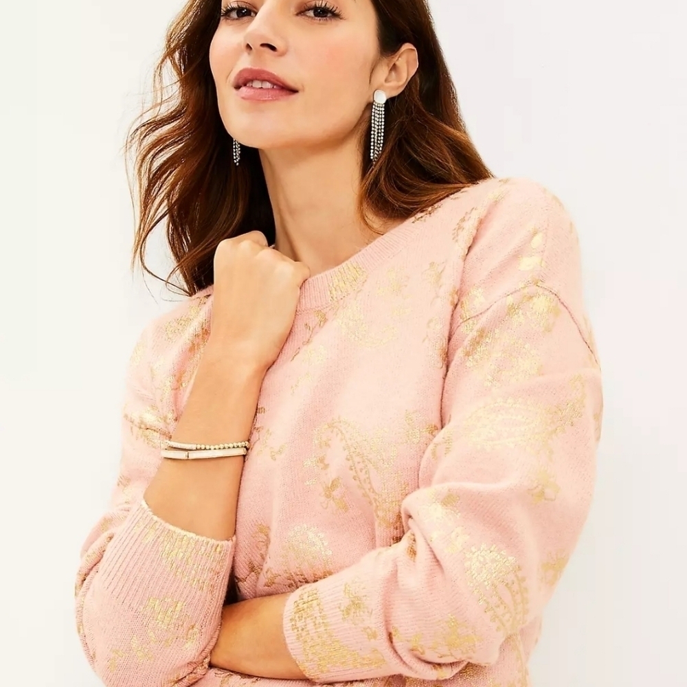 Loft peach gold shimmer paisley sweater sz small new with tags - Picture 3 of 8